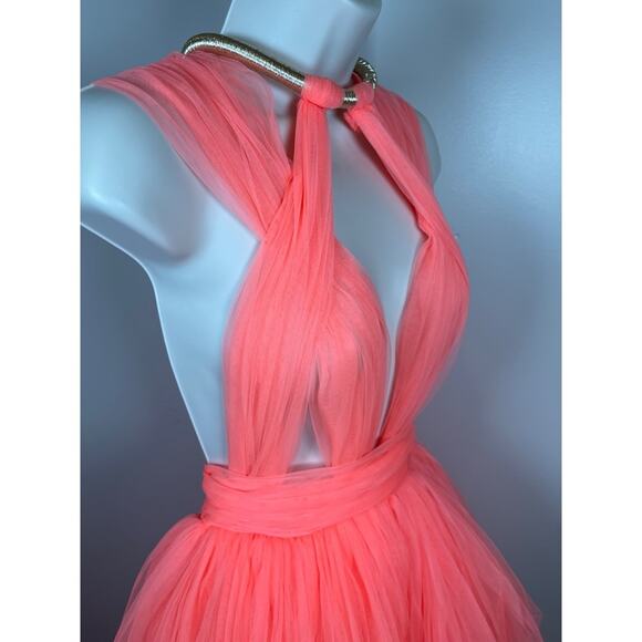 Bronx and Banco Taraji Tiered Ruffle Tulle Sheer Cutout High Low Maxi Gown Sz XS - Picture 9 of 14